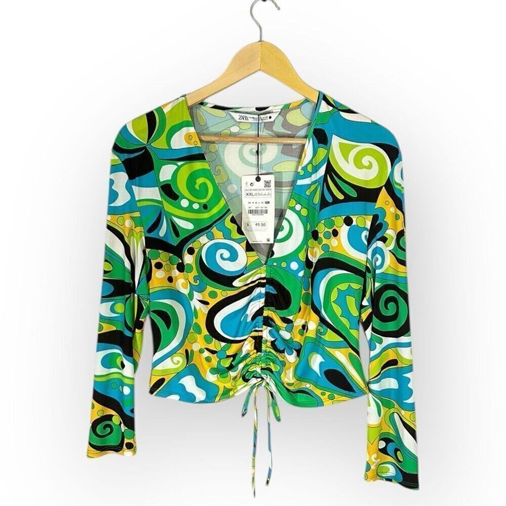 Brand New Zara Women’s Size 2XL XXL Green Retro Print Blouse Top Long Sleeve